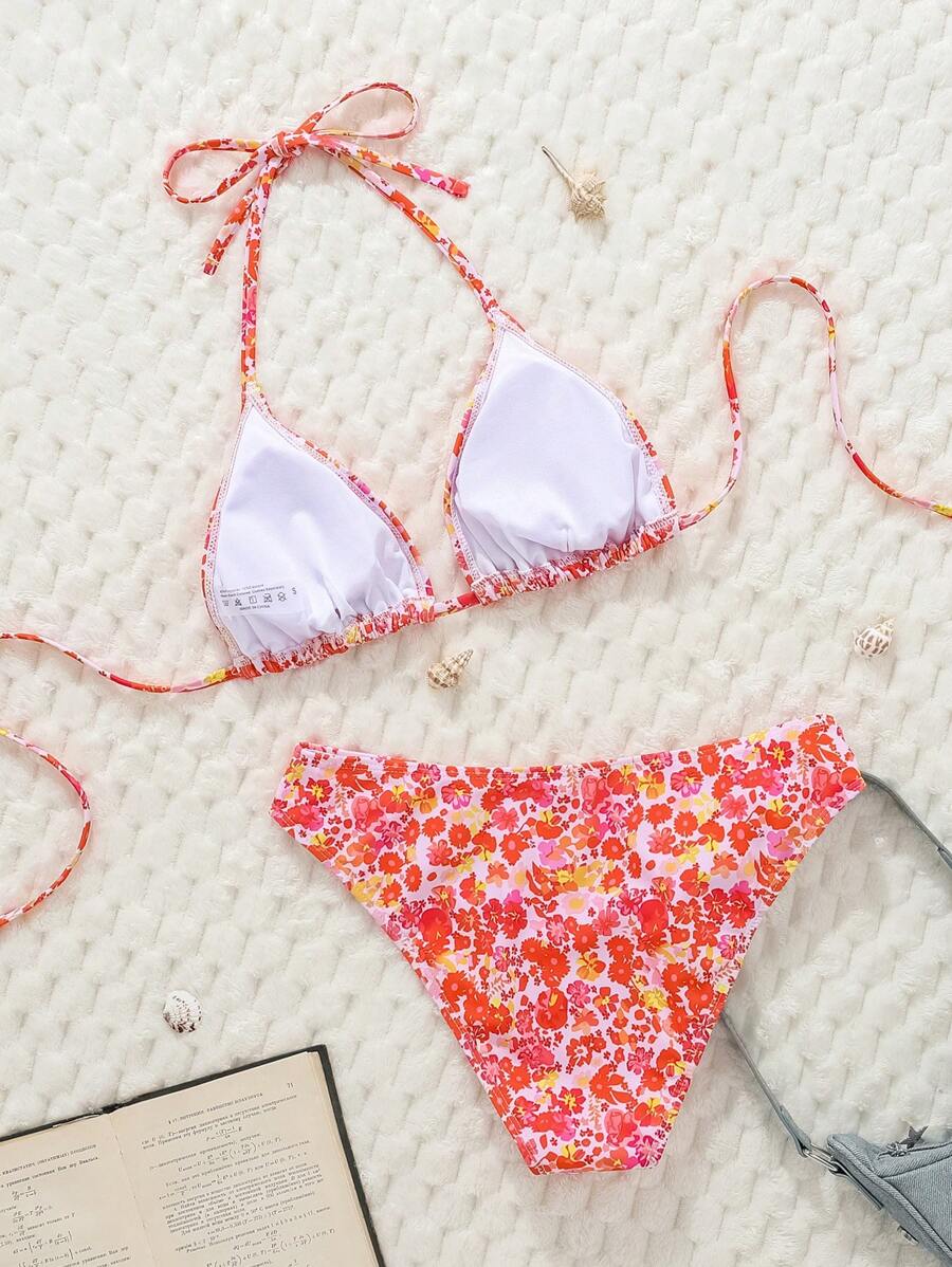 Çiçek Desenli Halter Bağcıklı Bikini Takımı Niebbla