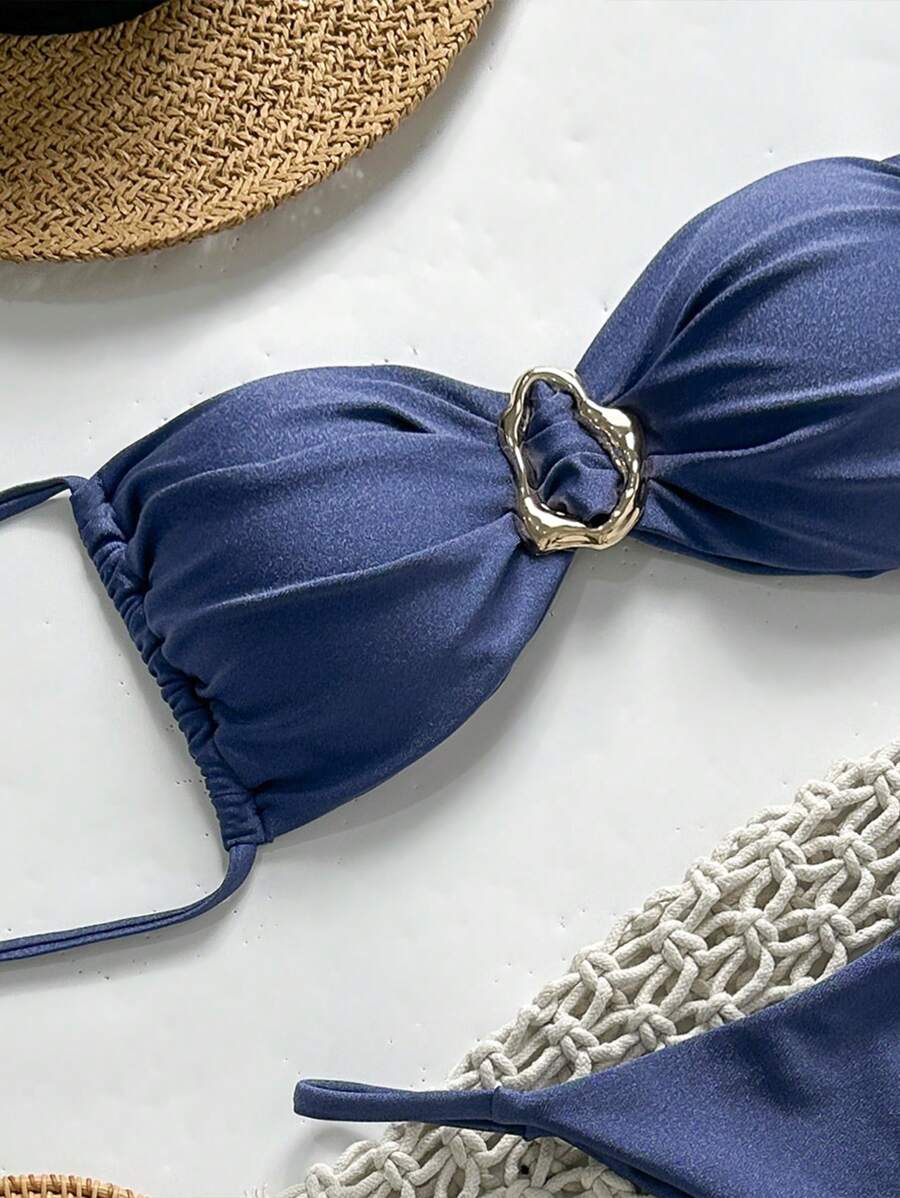 Pembe Straplez Bağcıklı Metal Detaylı Bikini Takımı Niebbla
