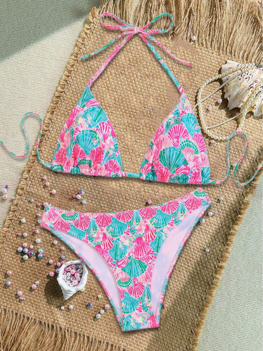 Çiçek Desenli Halter Bağcıklı Bikini Takımı Niebbla