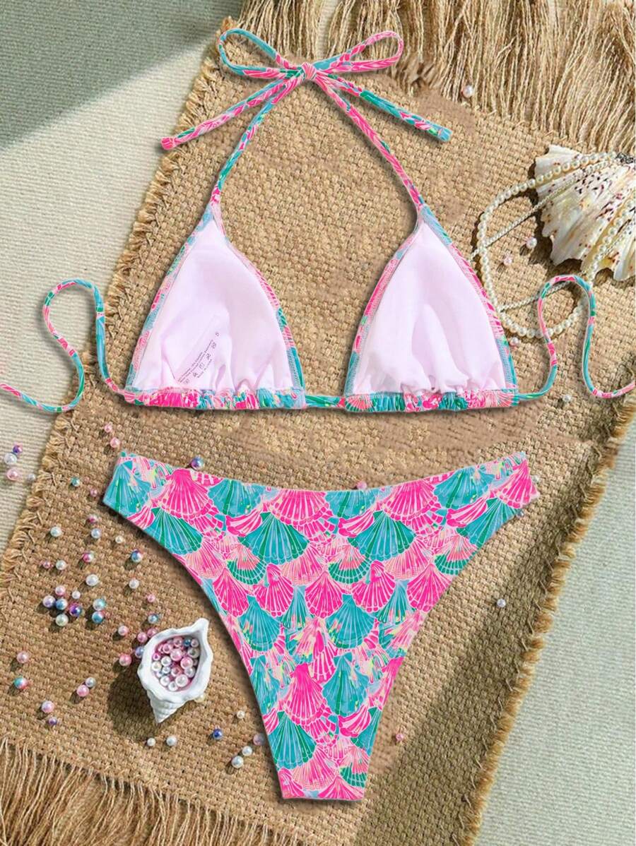Çiçek Desenli Halter Bağcıklı Bikini Takımı Niebbla