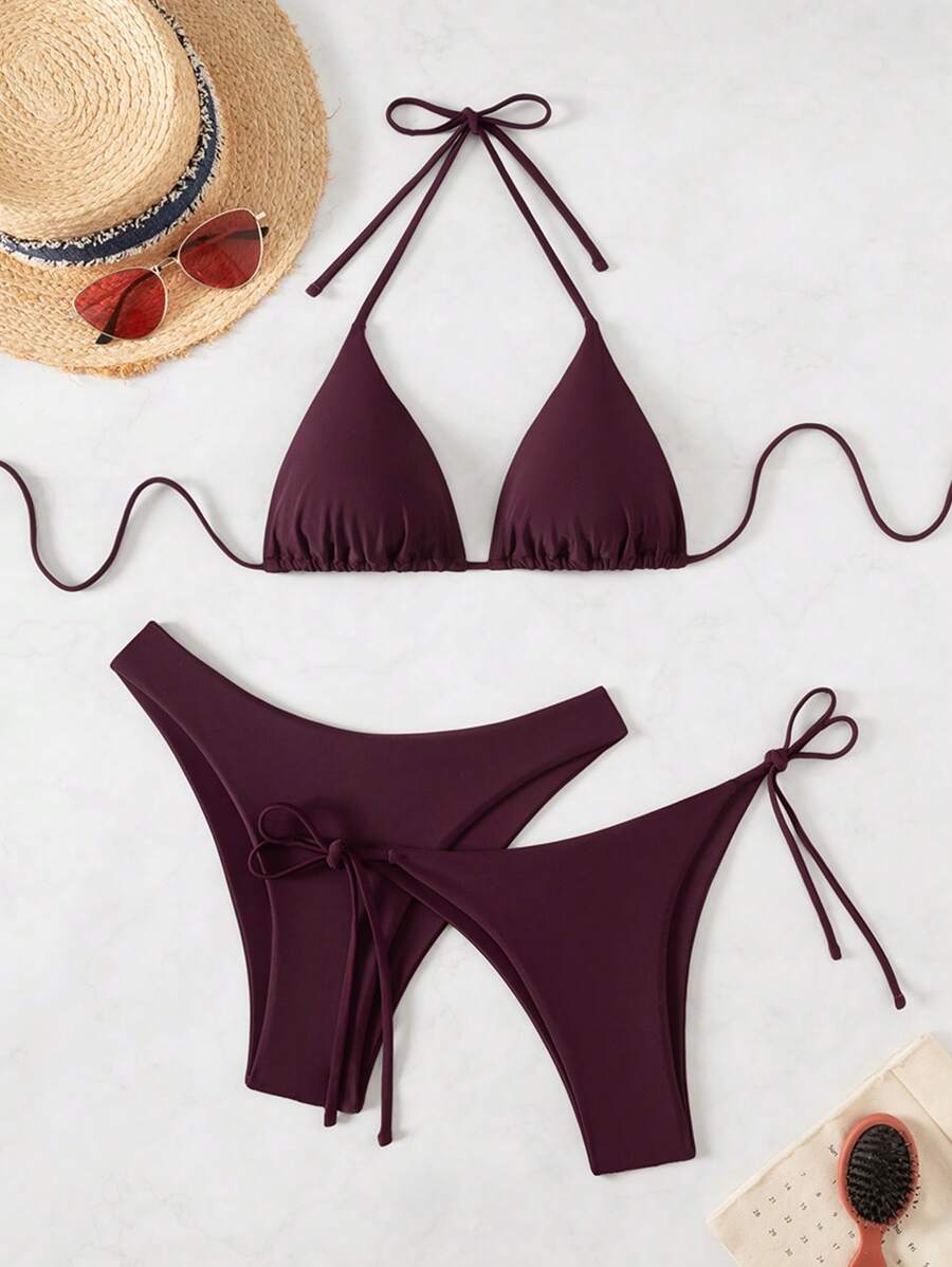 3 Parça Halter Üst + Üçgen Alt + Bağcıklı Şort Bikini Takımı Niebbla