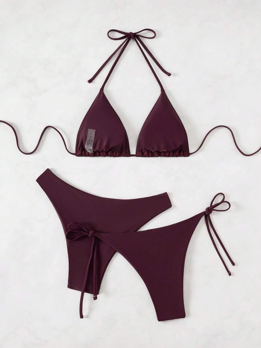 3 Parça Halter Üst + Üçgen Alt + Bağcıklı Şort Bikini Takımı Niebbla