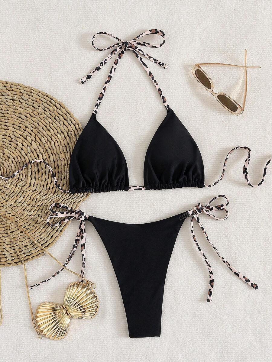 Leopar Desenli Boyundan Bağlamalı Bikini Takımı Niebbla