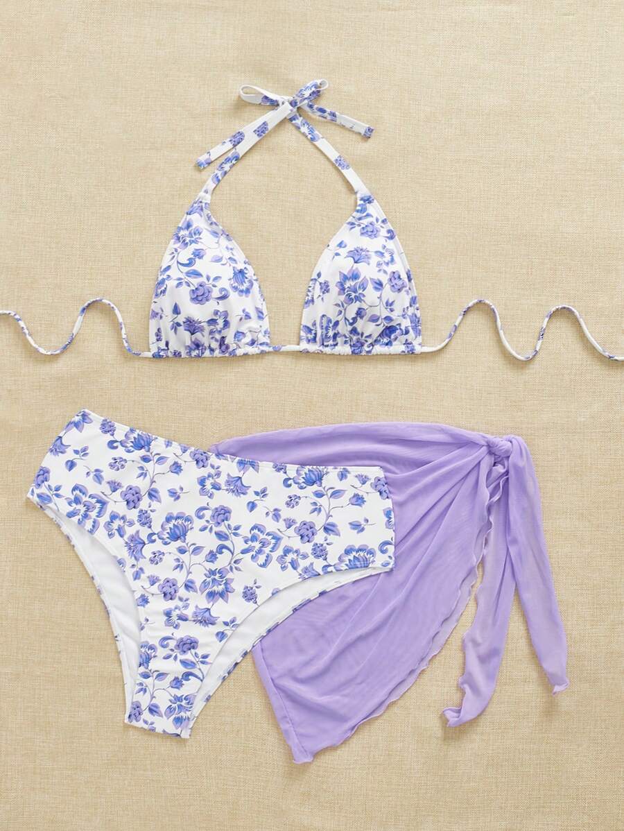 Büyük Beden Boyundan Bağlamalı Baskılı Bikini Takımı Niebbla