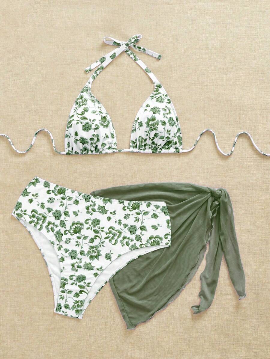 Büyük Beden Boyundan Bağlamalı Baskılı Bikini Takımı Niebbla