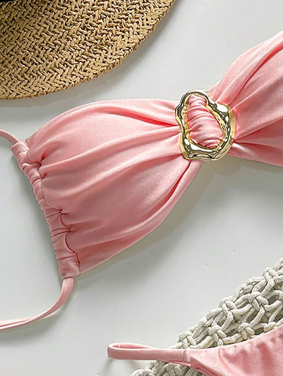 Pembe Straplez Bağcıklı Metal Detaylı Bikini Takımı Niebbla