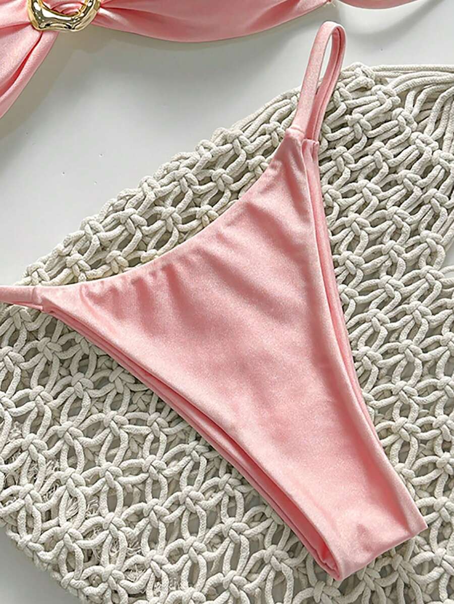 Pembe Straplez Bağcıklı Metal Detaylı Bikini Takımı Niebbla