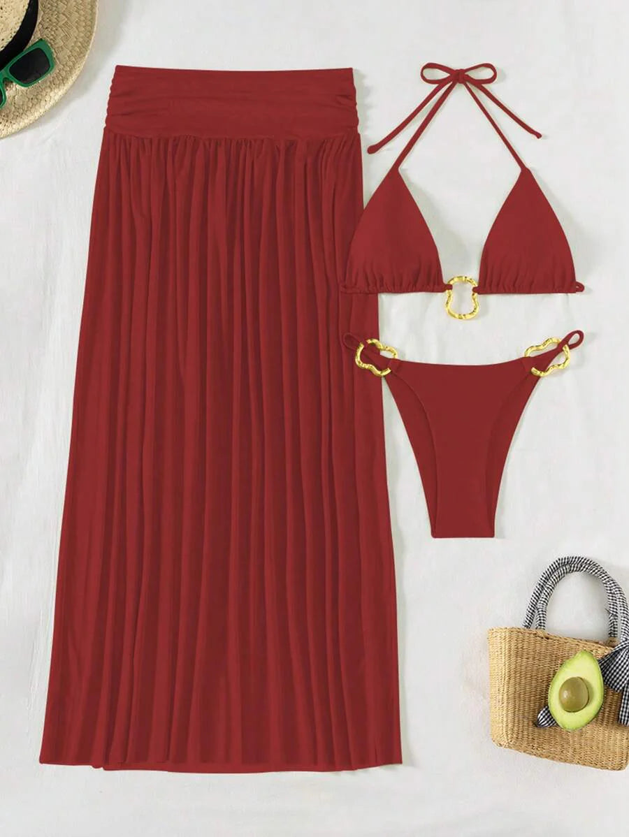 Parlak Kumaş Boyundan Bağlamalı Bikini, Asimetrik Halka Detaylı Uzun File Plaj Elbisesi Niebbla