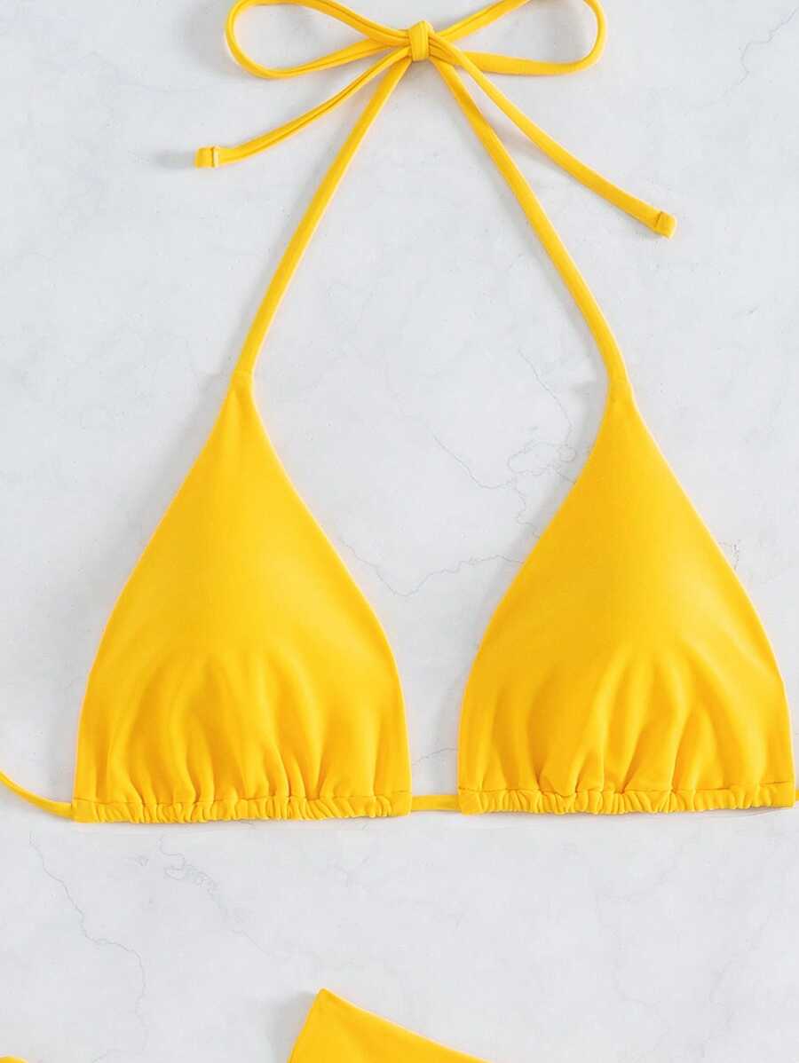3 Parça Halter Üst + Üçgen Alt + Bağcıklı Şort Bikini Takımı Niebbla