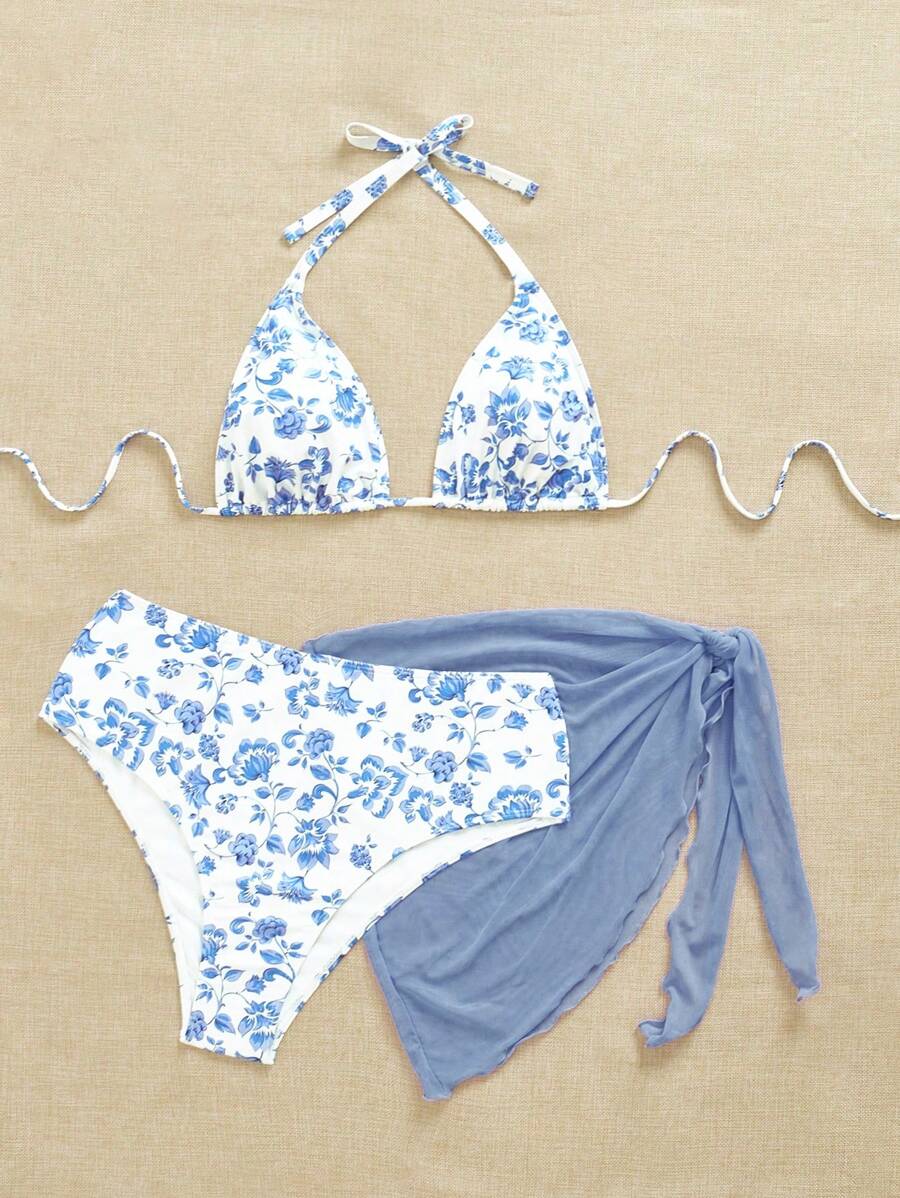 Büyük Beden Boyundan Bağlamalı Baskılı Bikini Takımı Niebbla