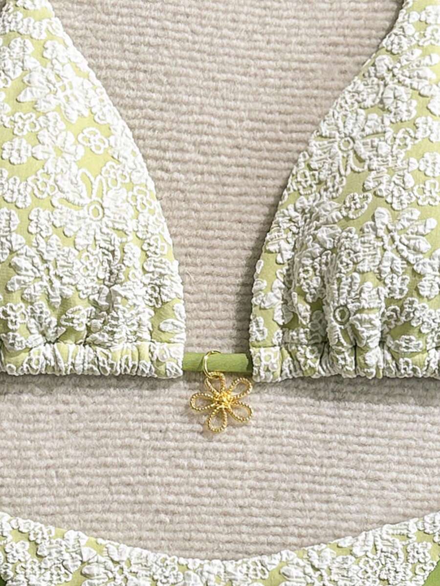 Altın Çiçek Desenli Üçgen Bikini Takımı Niebbla