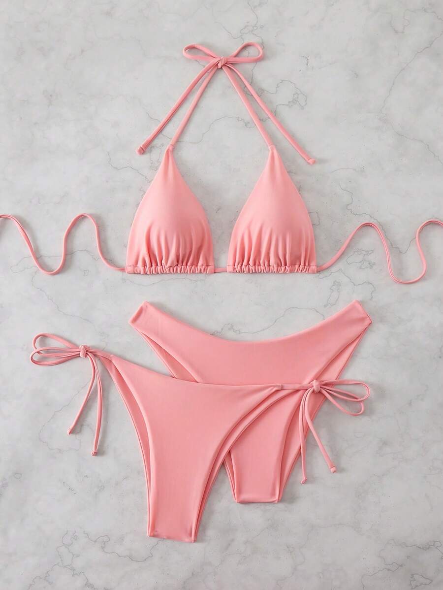 3 Parça Halter Üst + Üçgen Alt + Bağcıklı Şort Bikini Takımı Niebbla