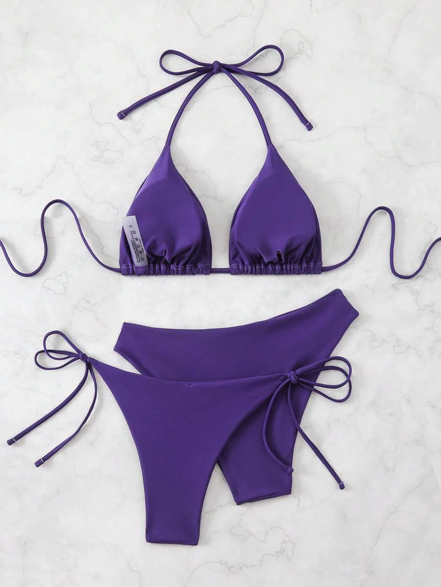 3 Parça Halter Üst + Üçgen Alt + Bağcıklı Şort Bikini Takımı Niebbla