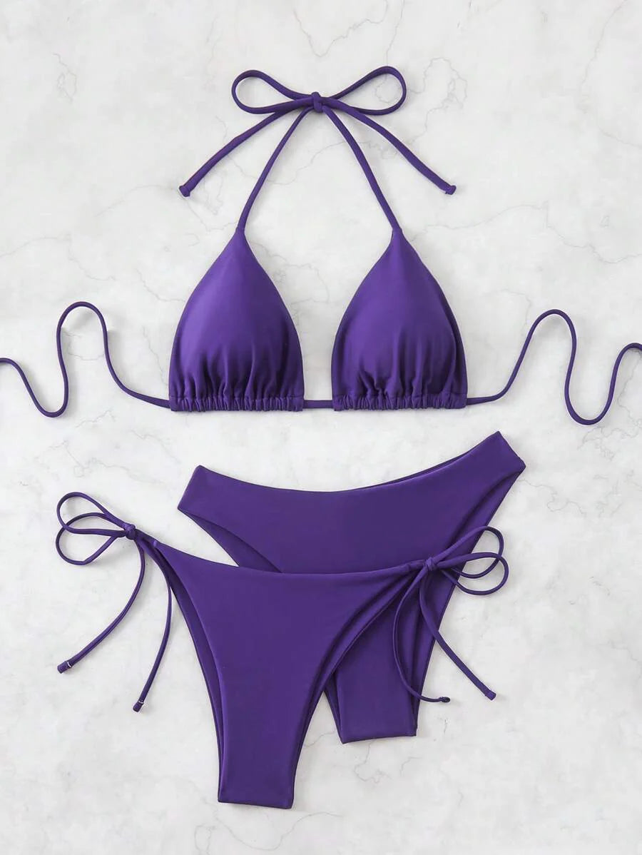 3 Parça Halter Üst + Üçgen Alt + Bağcıklı Şort Bikini Takımı Niebbla