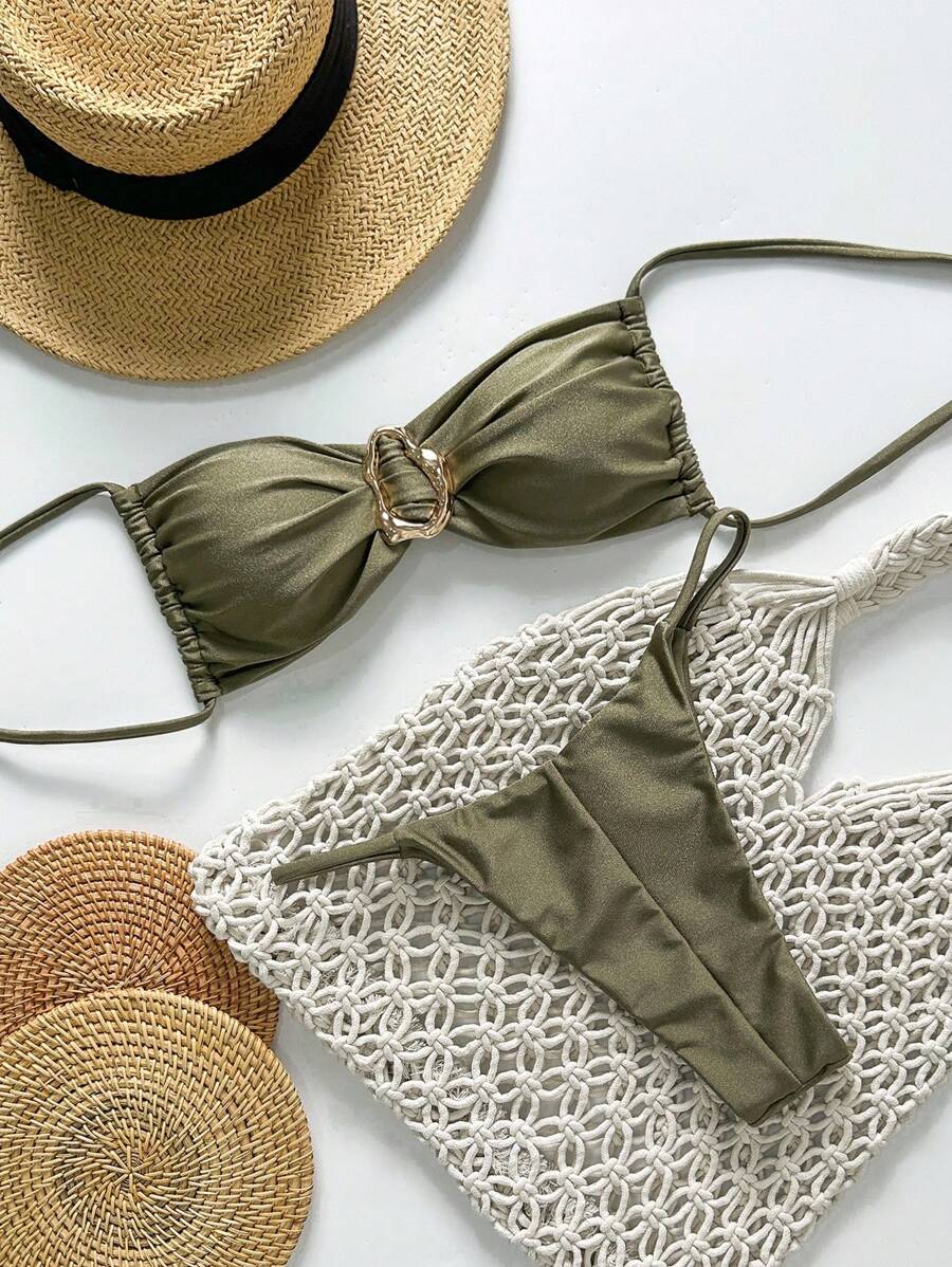 Pembe Straplez Bağcıklı Metal Detaylı Bikini Takımı Niebbla