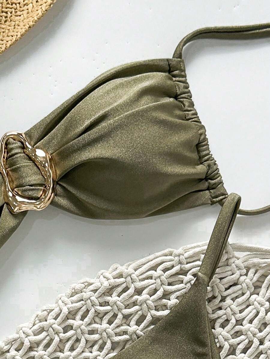 Pembe Straplez Bağcıklı Metal Detaylı Bikini Takımı Niebbla