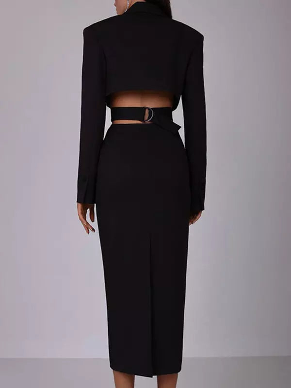 Açıklama Derin V Yaka Metal Detaylı Blazer Midi Elbise Niebbla