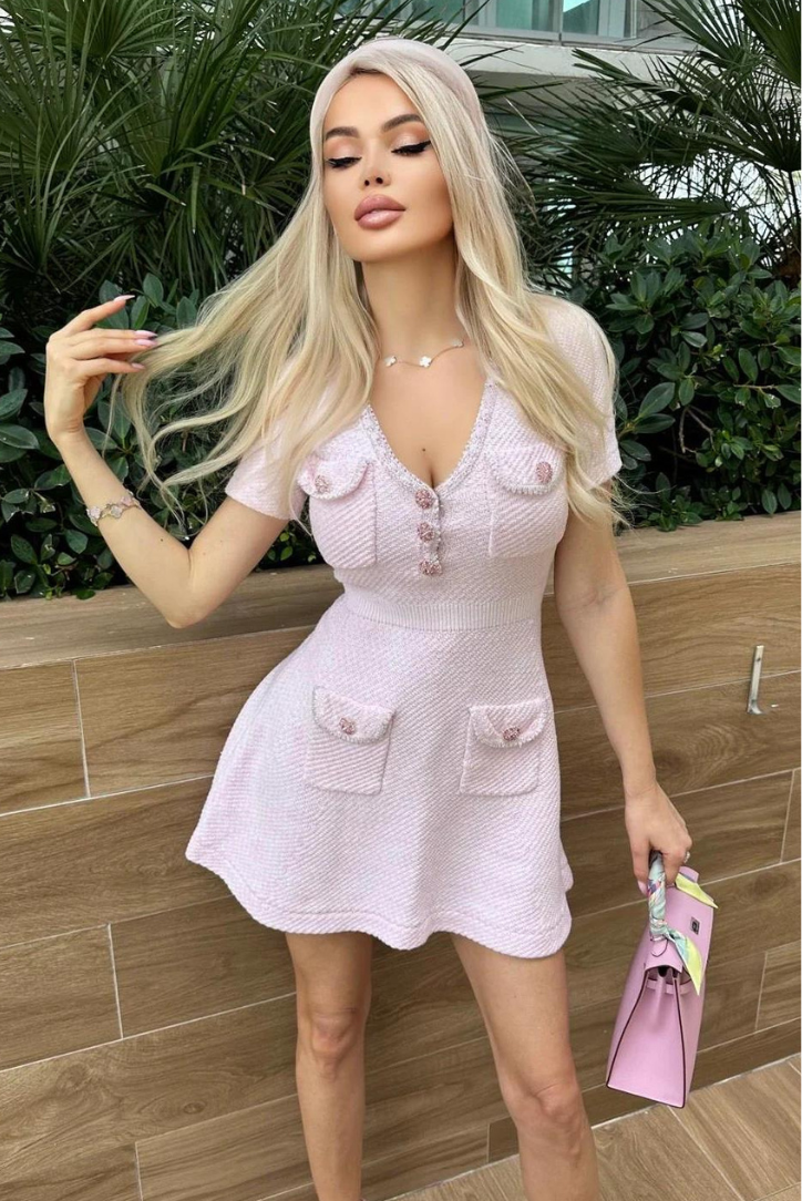 Azelani - Cep Detaylı Pilili Mini Elbise