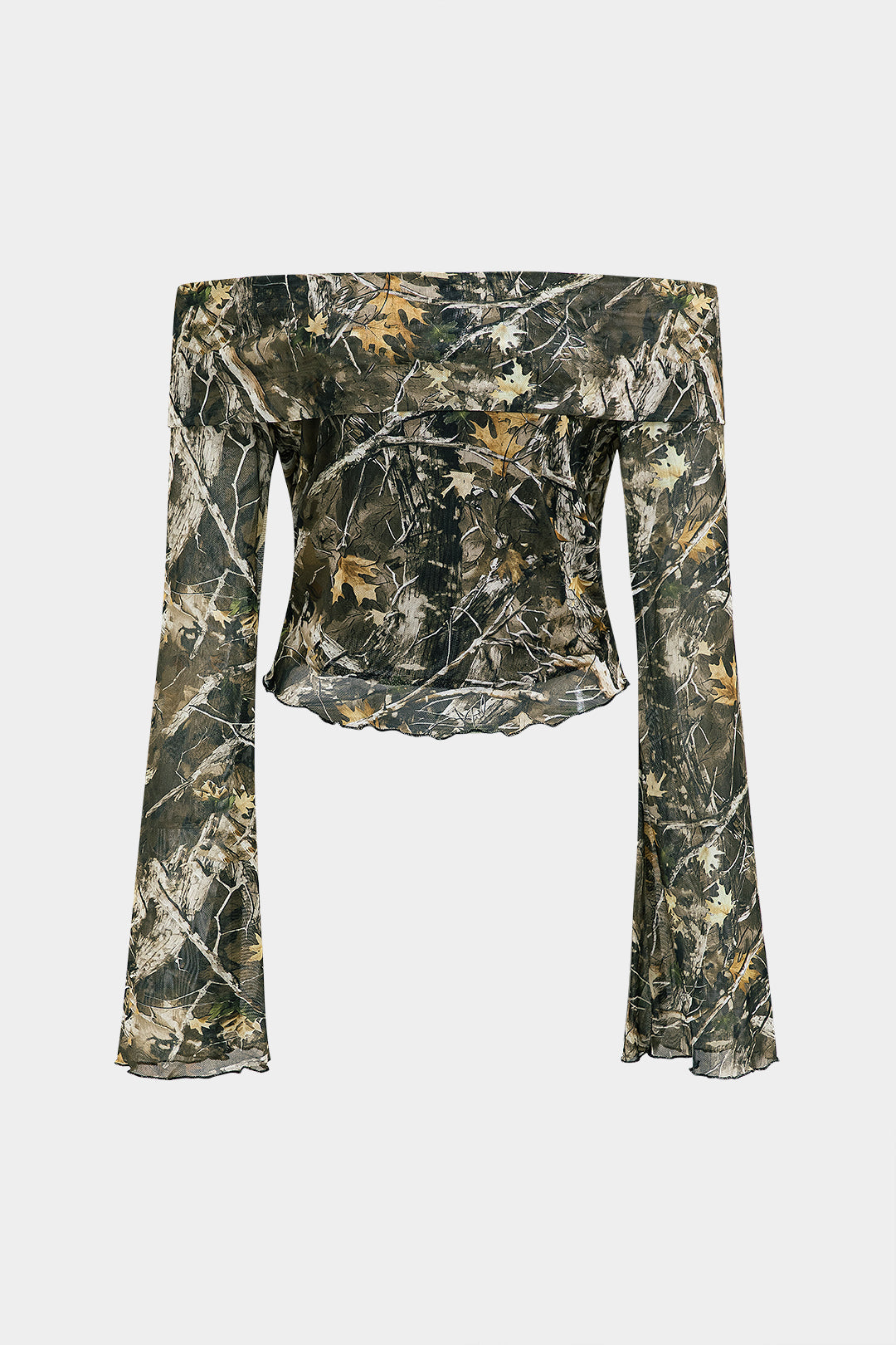 Branch Print Mesh Off Shoulder Uzun Kollu Üst Siaora