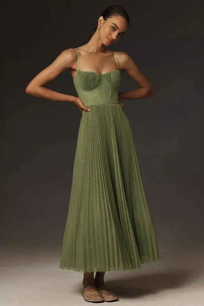 Büstiyer Pileli Tül Fit & Flare Midi Elbise Niebbla