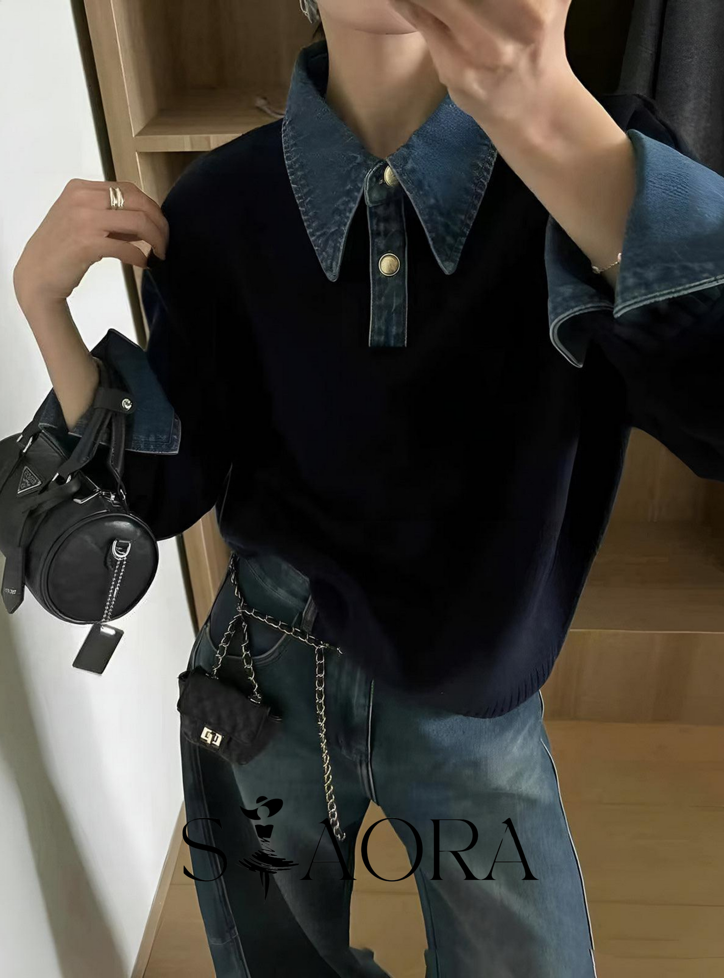 Denim Detaylı Triko Kazak Siaora
