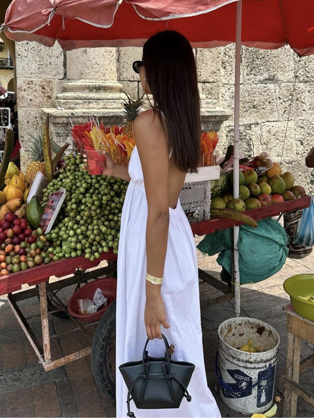 Askılı Derin V Yaka Beyaz Maxi Elbise Siaora