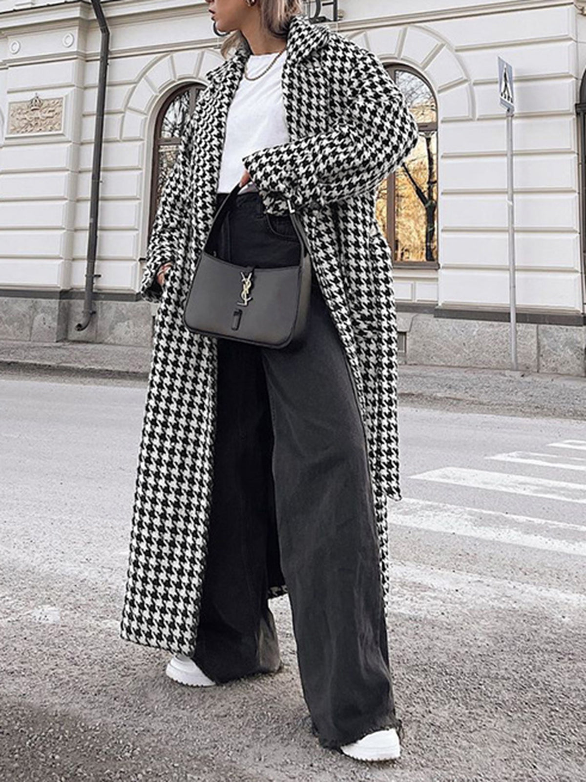 Aşırı Büyük Houndstooth Keten Trençkot Quvarse