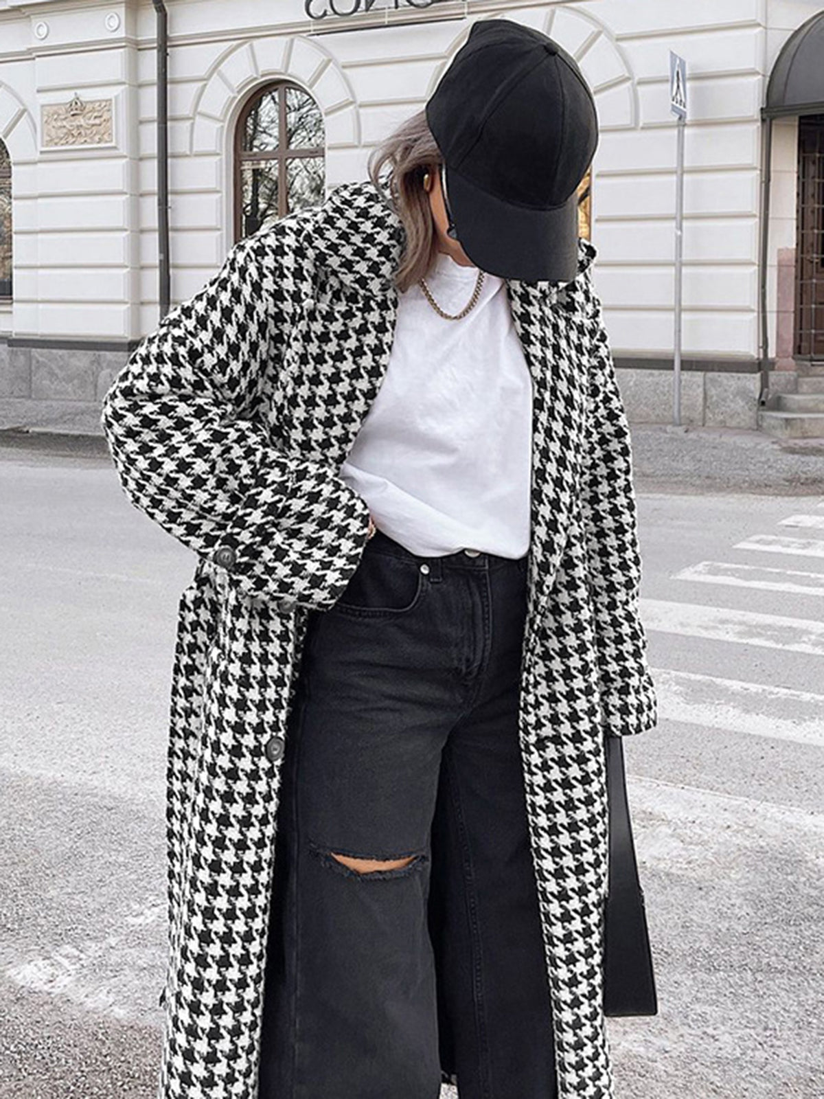 Aşırı Büyük Houndstooth Keten Trençkot Quvarse