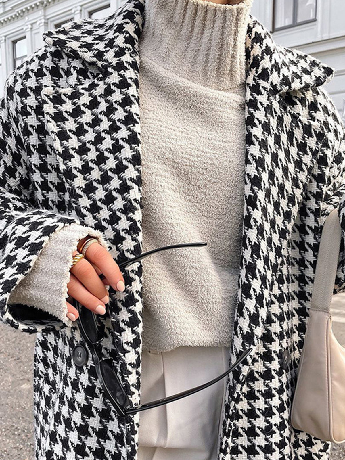 Aşırı Büyük Houndstooth Keten Trençkot Quvarse