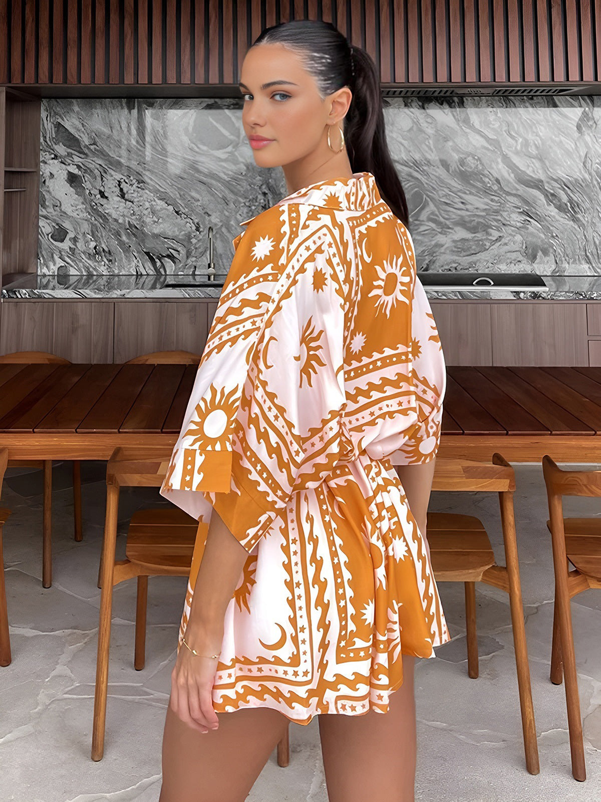 Boho Güneş ve Ay Desenli Kısa Tulum THESVELTECHIC