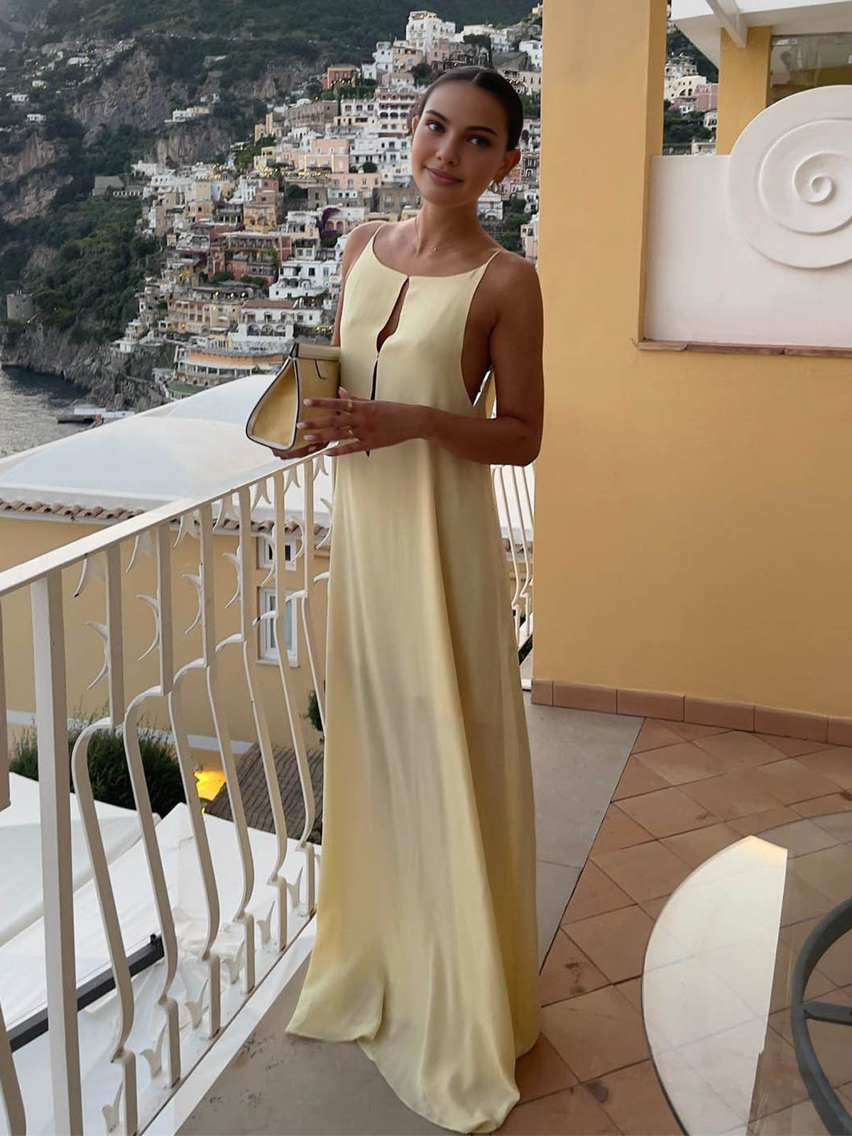 Sırtı Açık Tatil Saten Uzun Elbise Shine Aura