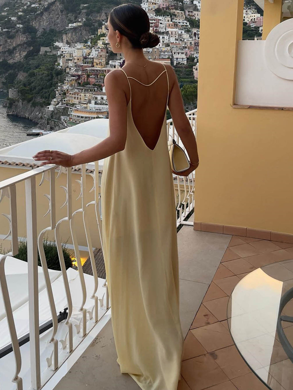 Sırtı Açık Tatil Saten Uzun Elbise Shine Aura