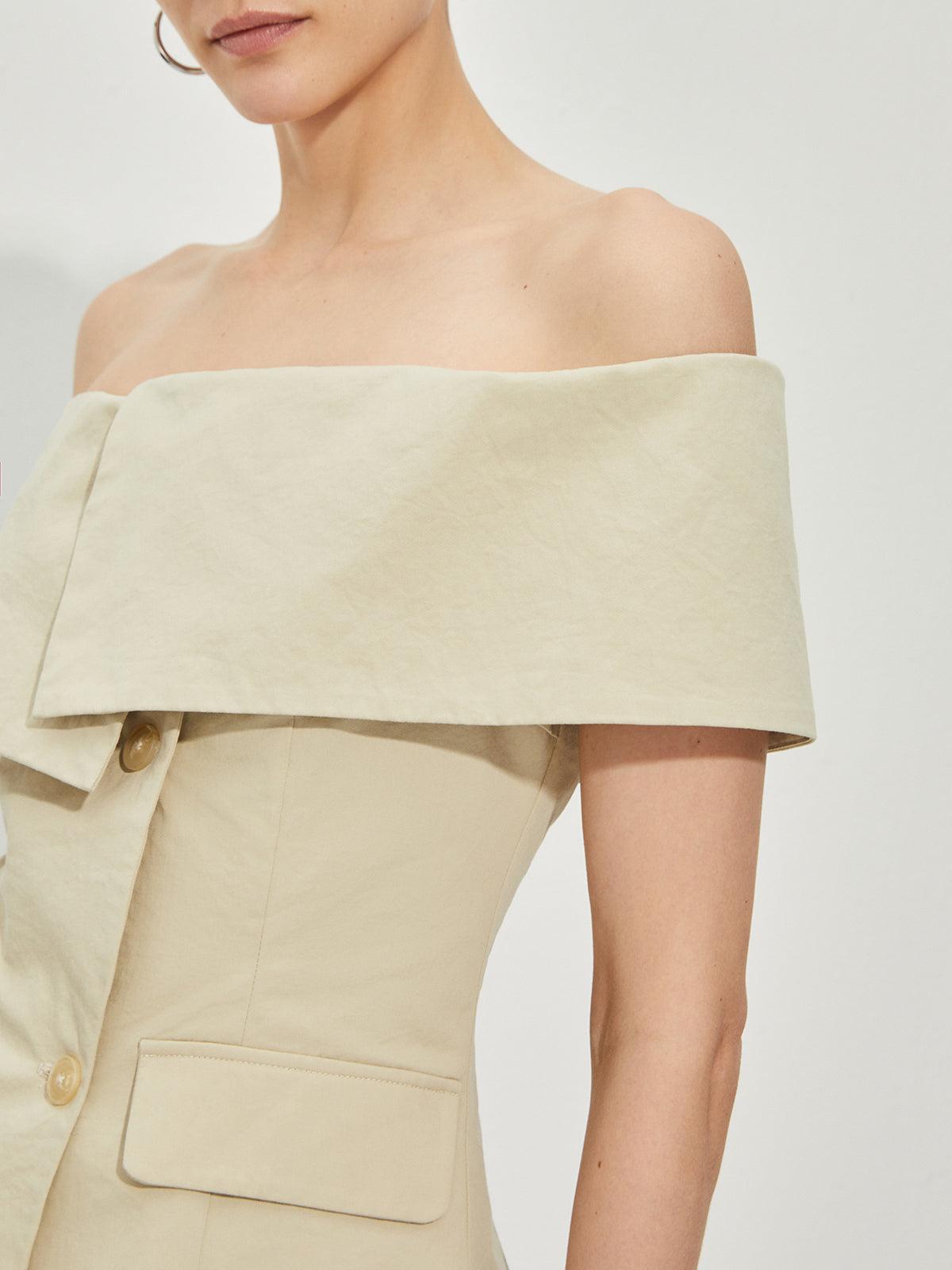 Off-Shoulder Detaylı Krem Renk Blazer Üst Siaora