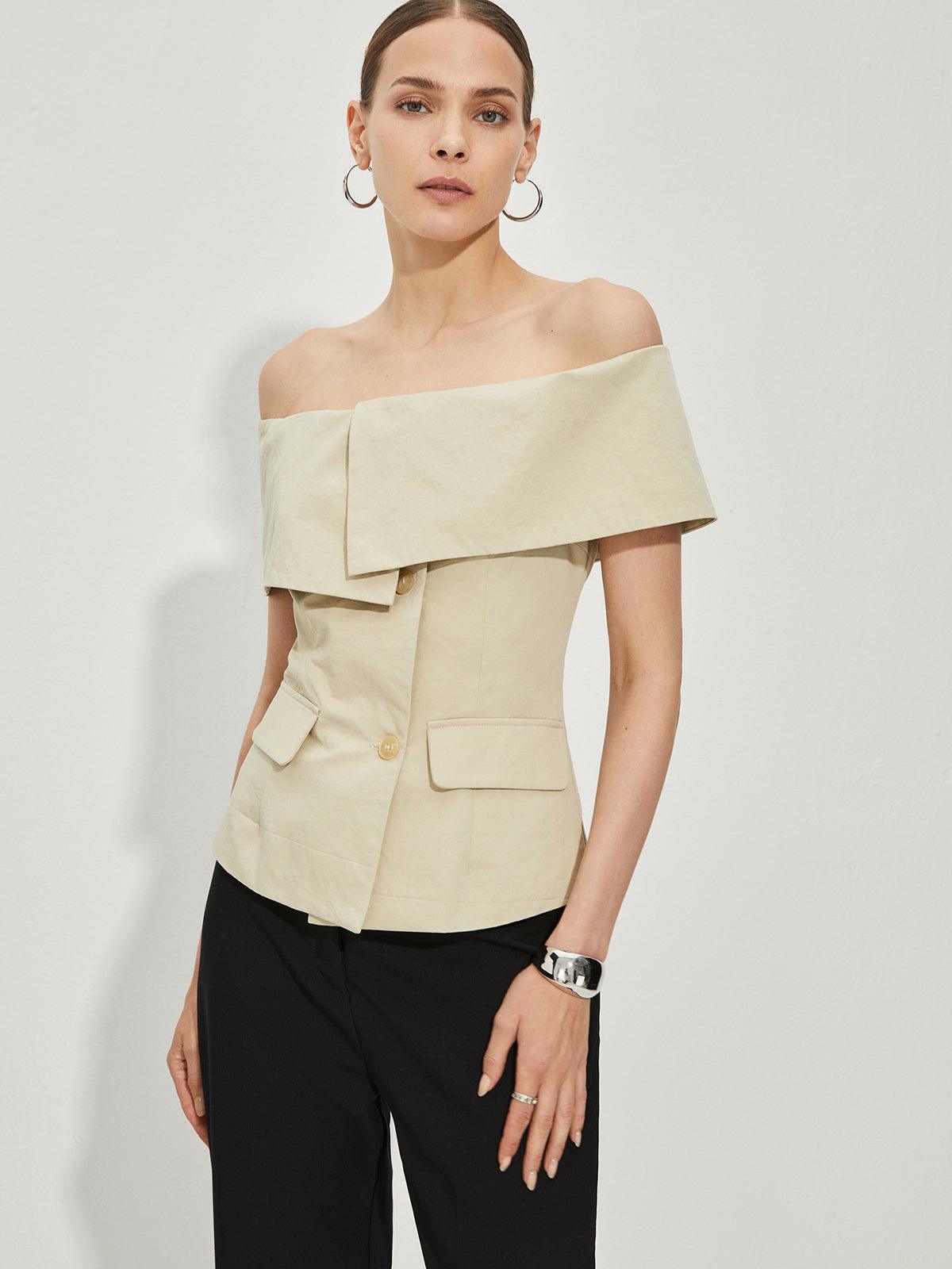 Off-Shoulder Detaylı Krem Renk Blazer Üst Siaora