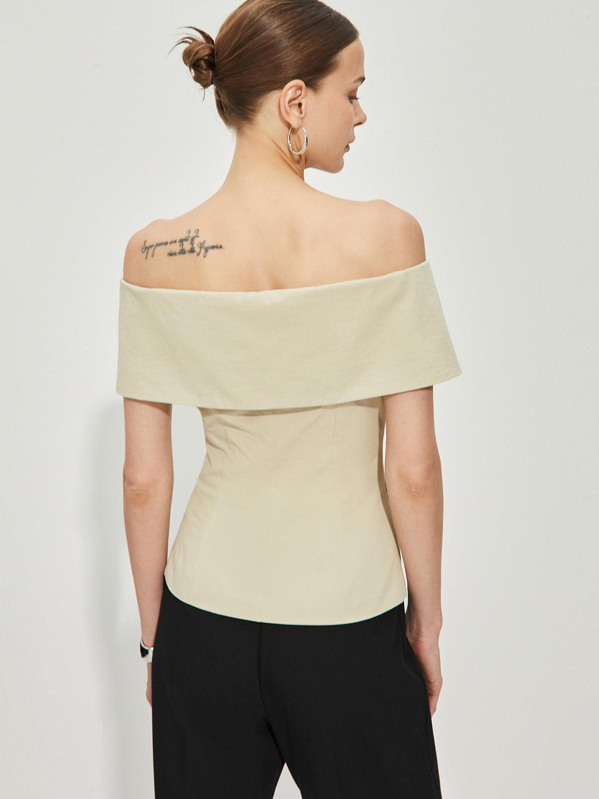 Off-Shoulder Detaylı Krem Renk Blazer Üst Siaora