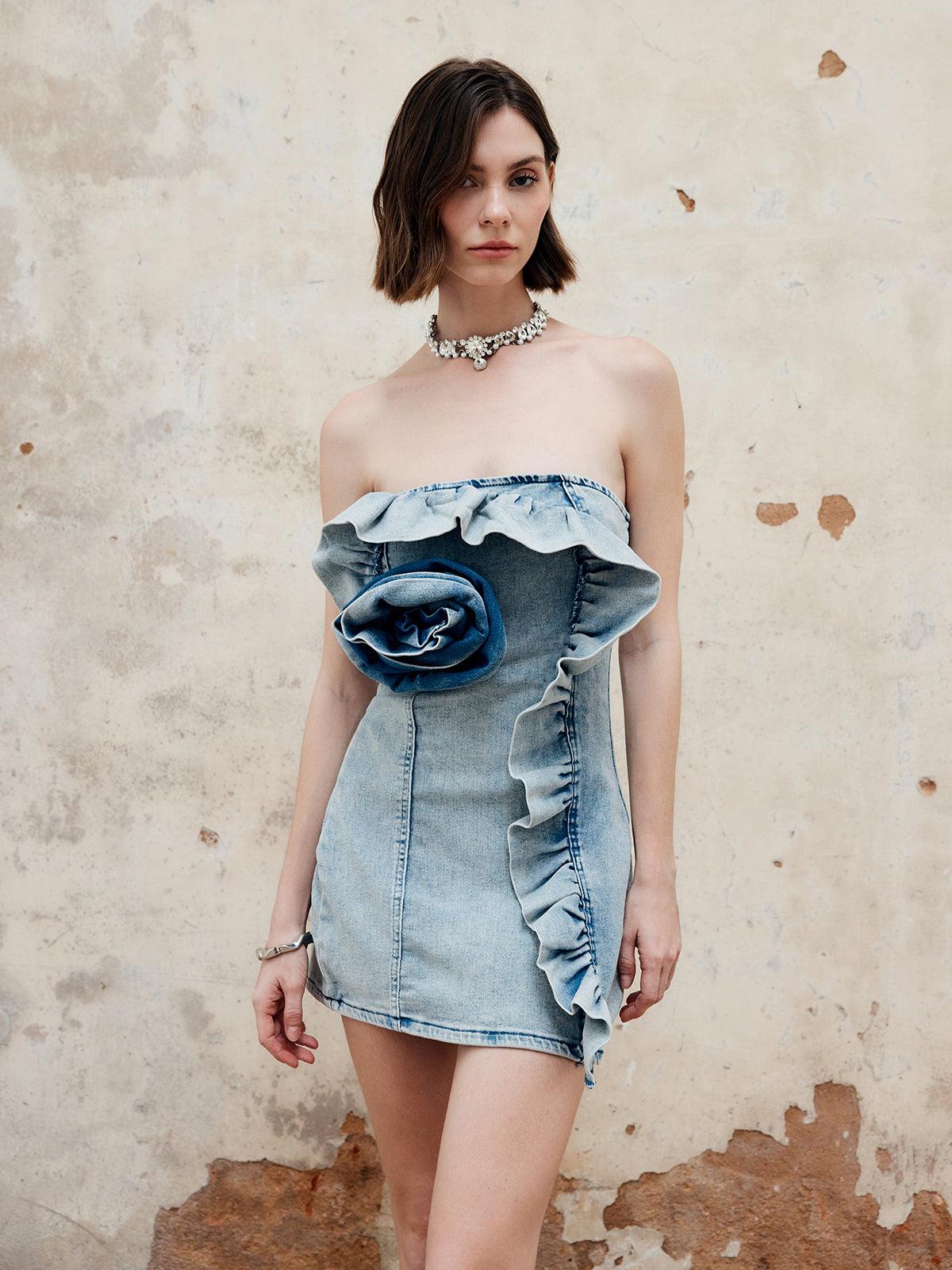 Straplez Volan Detaylı Denim Mini Elbise Siaora