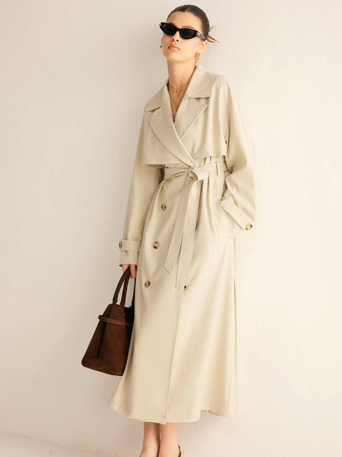 Elegant Pleated Trench Coat With Belt Quvarse