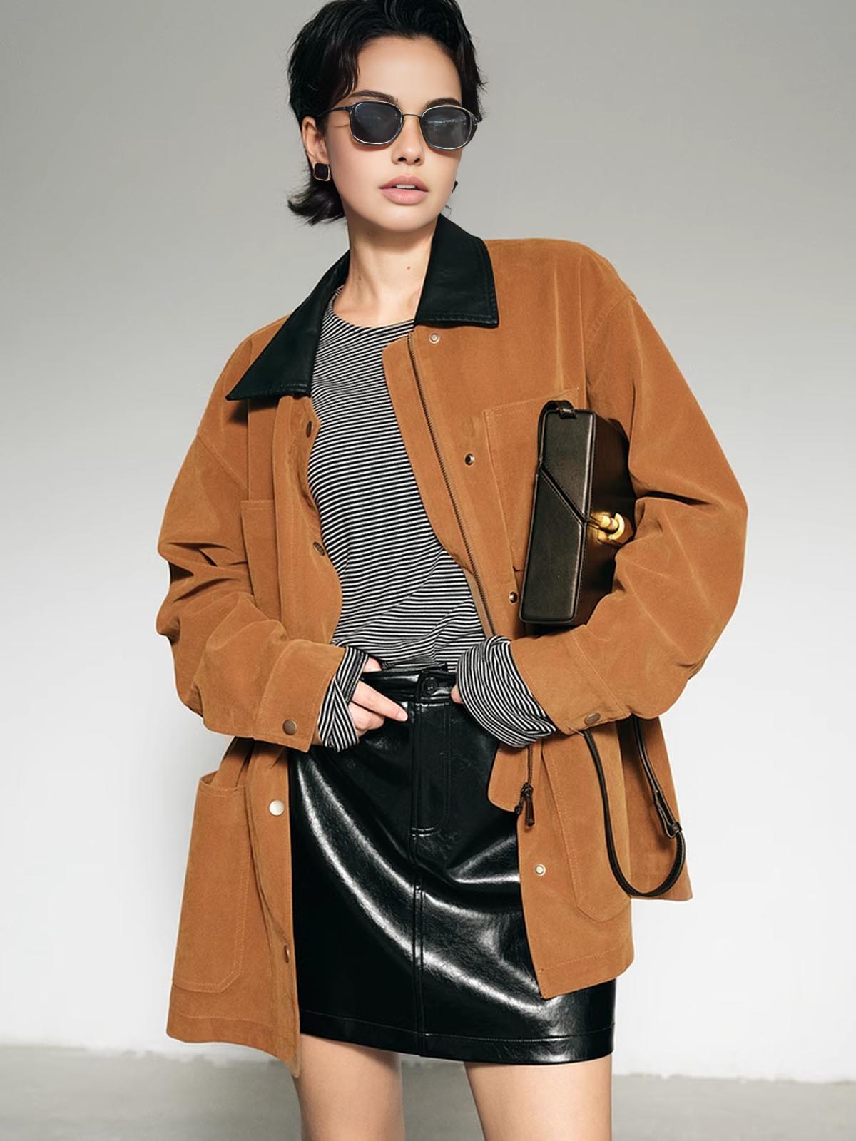 Kontrast Yaka Oversized Süet Ceket Quvarse