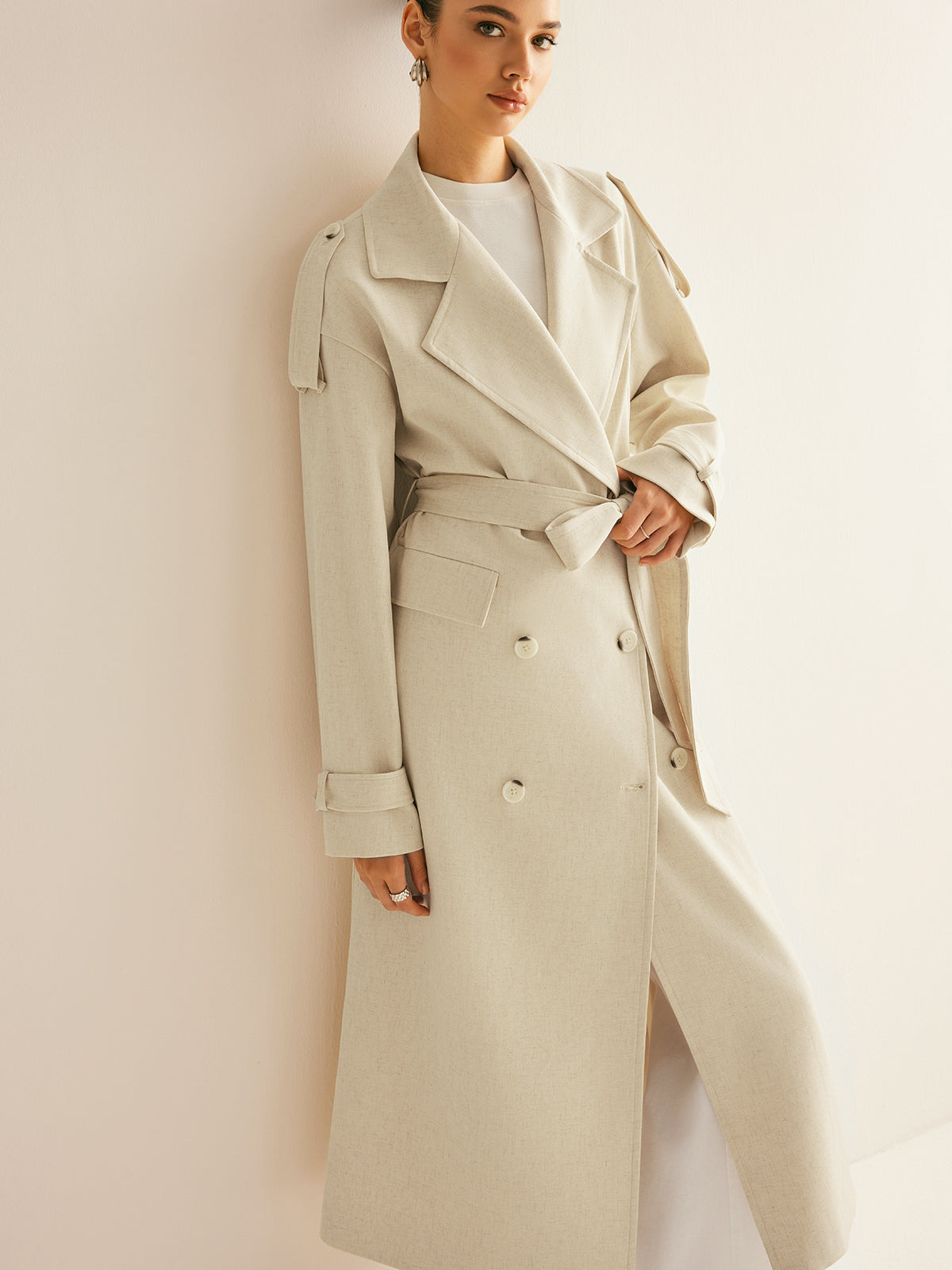 Oversized Lapel Pockets Belted Trench Coat Quvarse