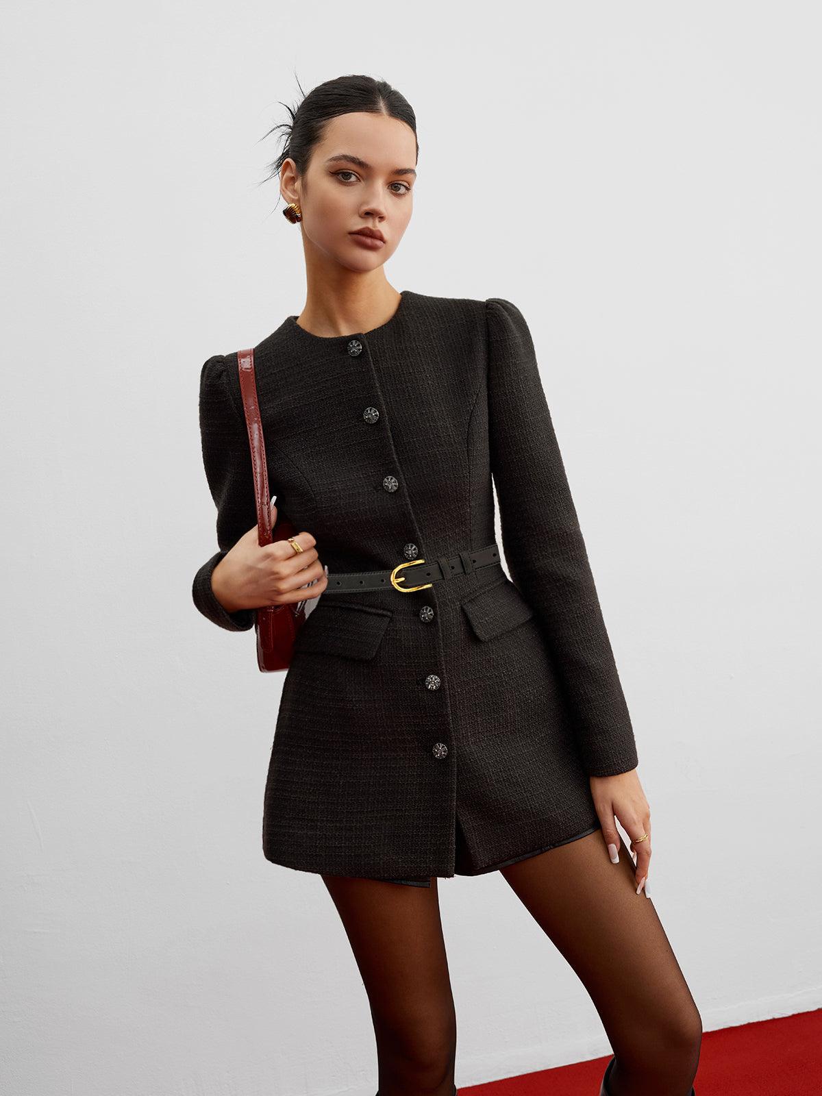 Royal Black Belted Tweed Ceket Siaora