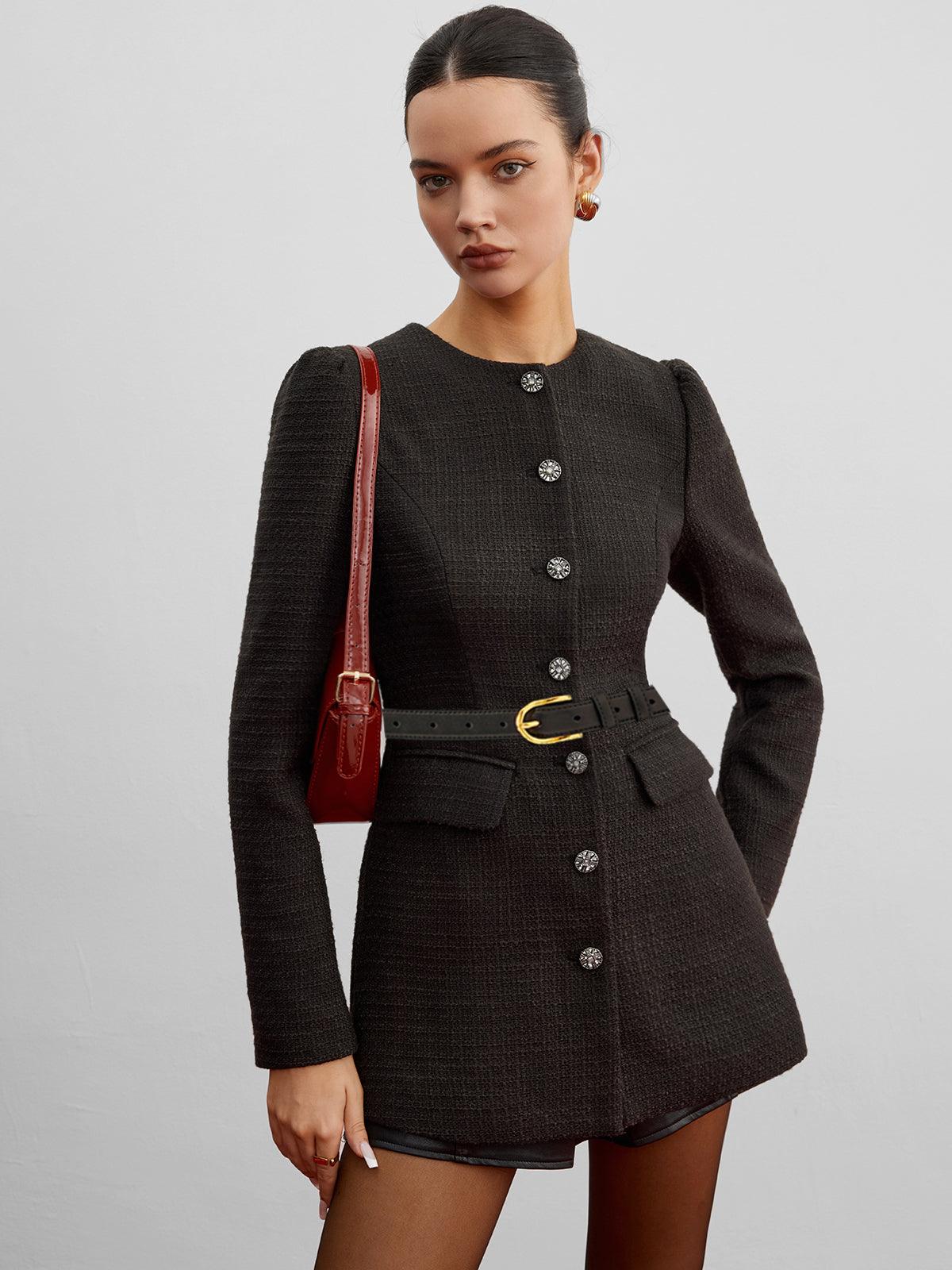 Royal Black Belted Tweed Ceket Siaora