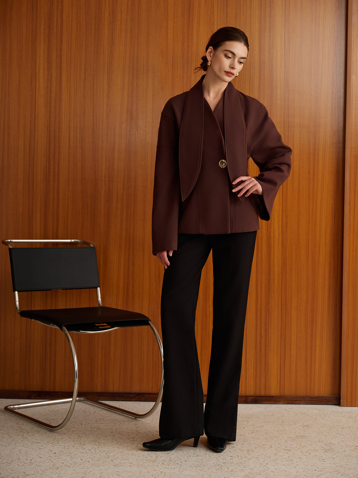 Plain Metal-Button Coat With Scarf Quvarse