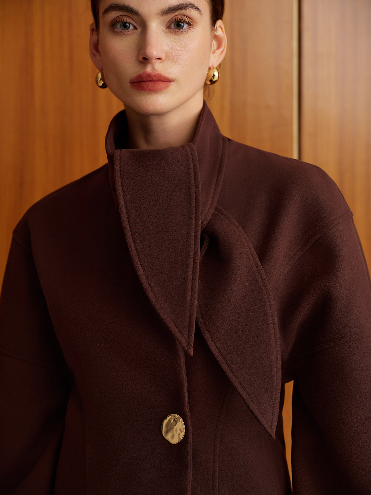Plain Metal-Button Coat With Scarf Quvarse