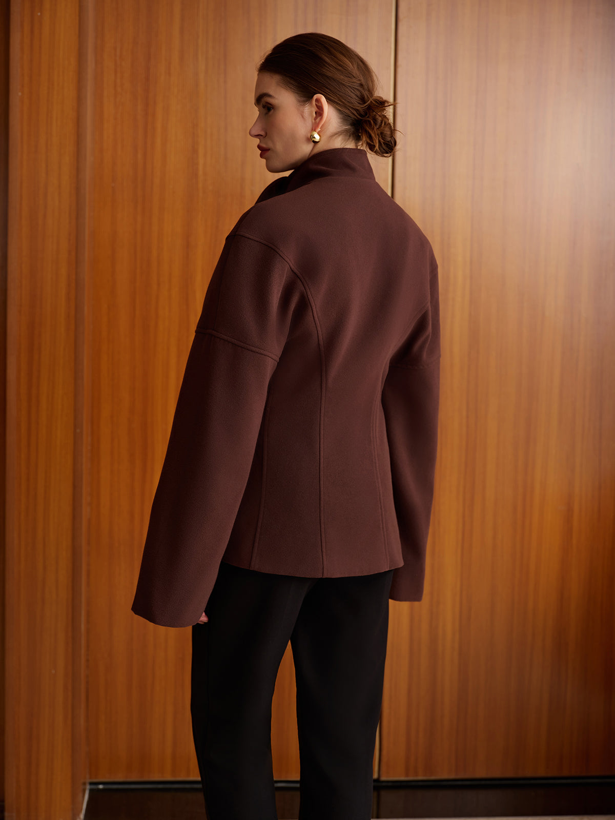 Plain Metal-Button Coat With Scarf Quvarse