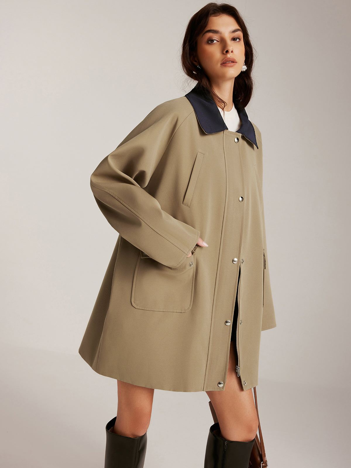 Farklı Yaka Fermuarlı Oversize Trençkot Quvarse