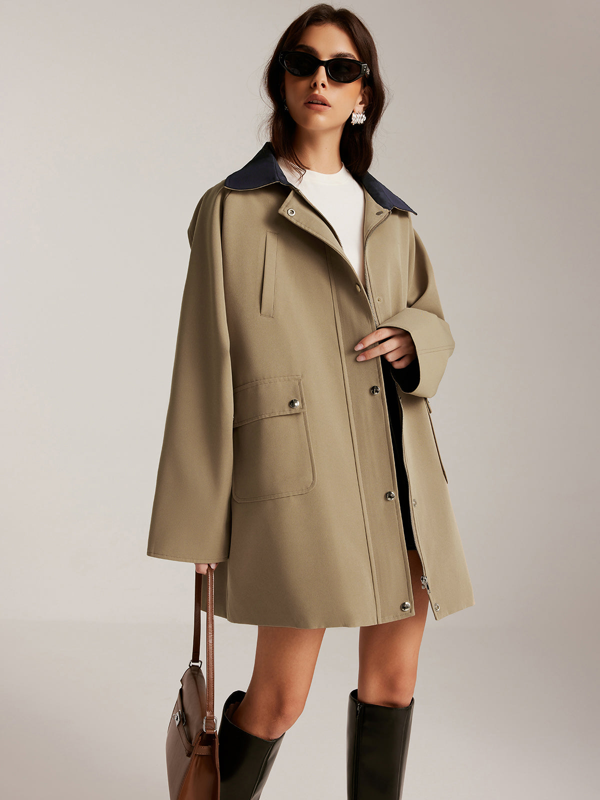 Farklı Yaka Fermuarlı Oversize Trençkot Quvarse