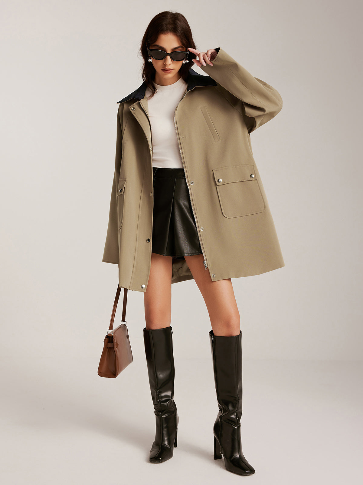 Farklı Yaka Fermuarlı Oversize Trençkot Quvarse