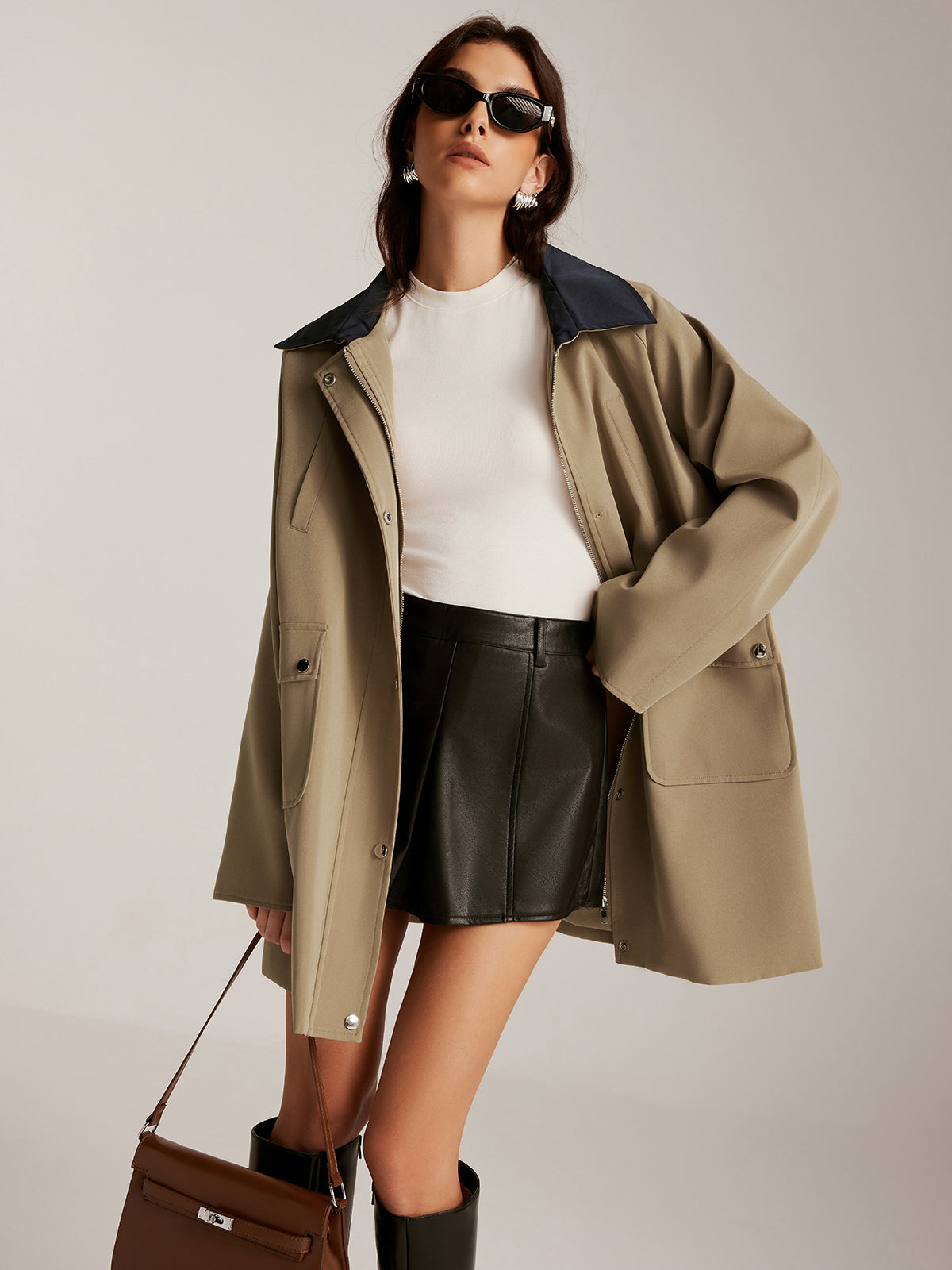 Farklı Yaka Fermuarlı Oversize Trençkot Quvarse