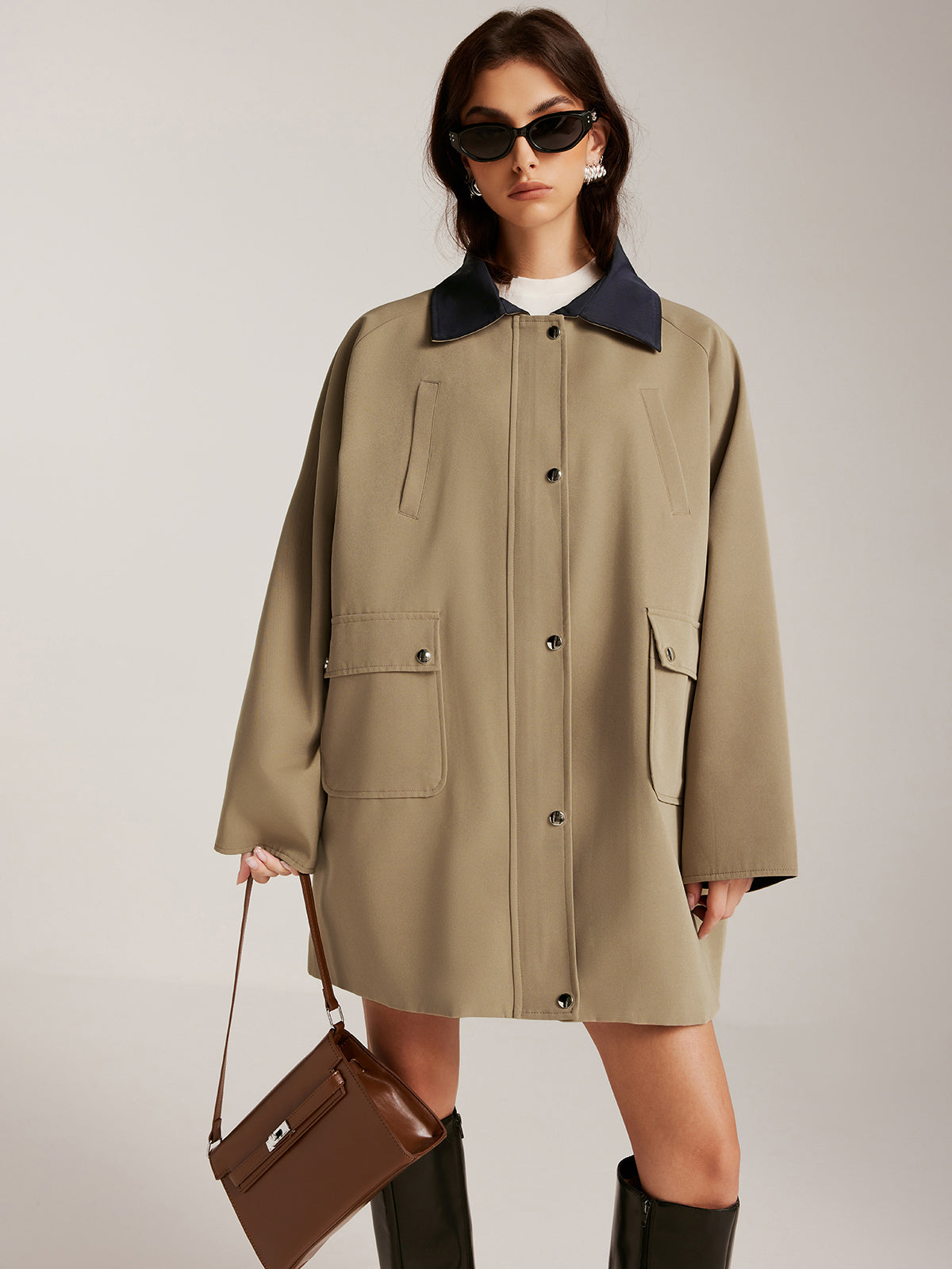 Farklı Yaka Fermuarlı Oversize Trençkot Quvarse