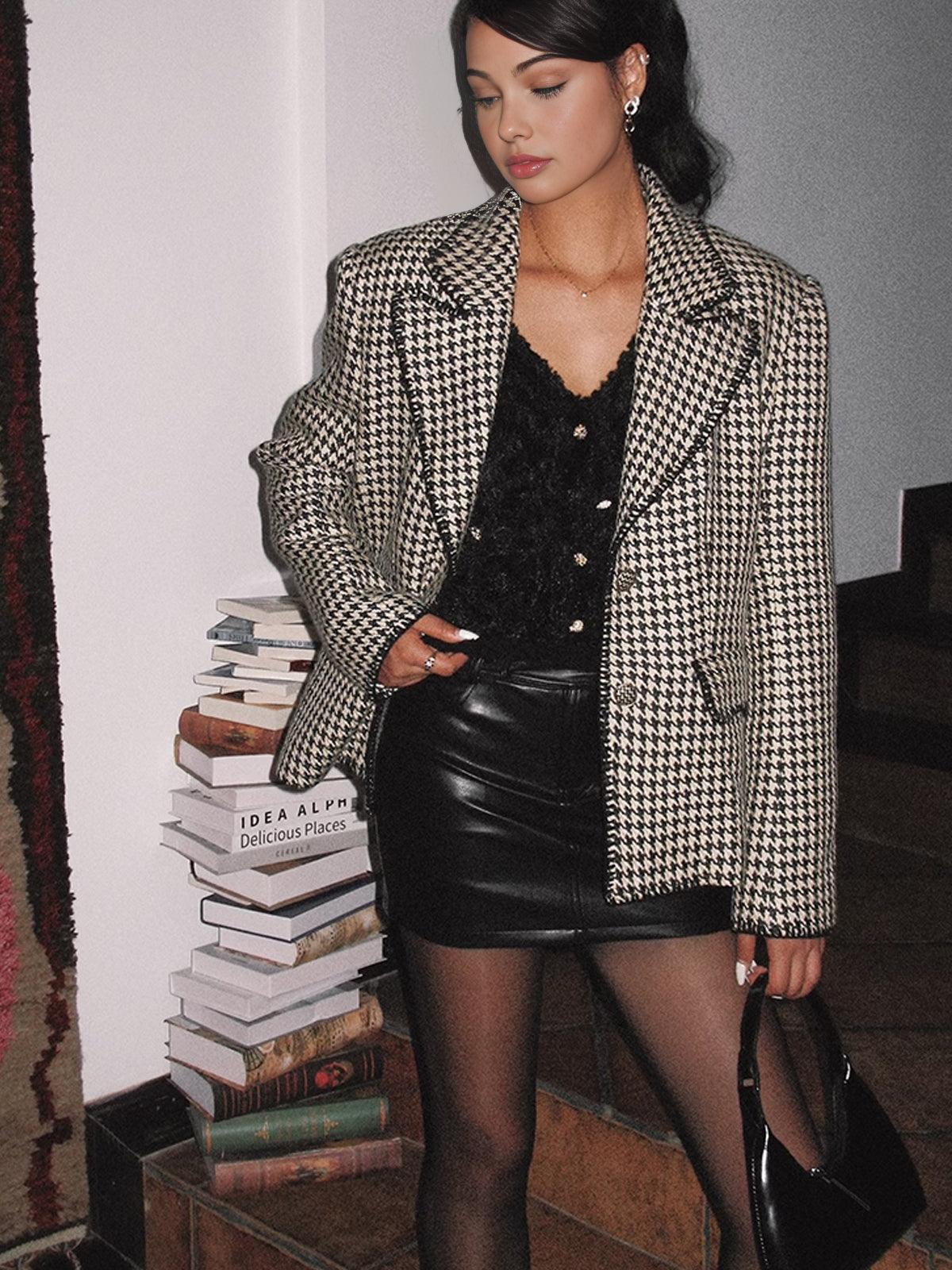 Kazayağı Desenli Oversize Blazer Ceket Siaora